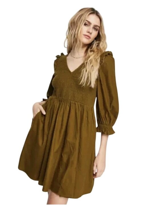 Madewell Dresses & Skirts - Madewell Flannel Lucie V-Neck Smocked Mini Dress Women’s Size M Green Babydoll